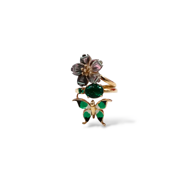 END OF COLLECTION - Butterfly and flower ring in mother of pearl mounted on silver