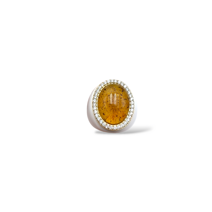 END OF COLLECTION - Oval amber ring mounted on white agate