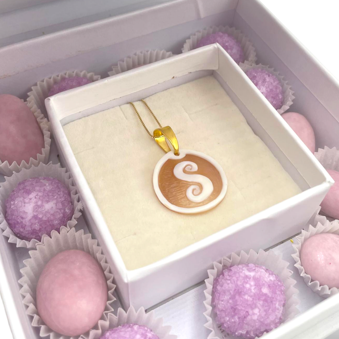 Wedding favor - communion favor - baptism favor - graduation favor initial pendant in cameo mounted on silver