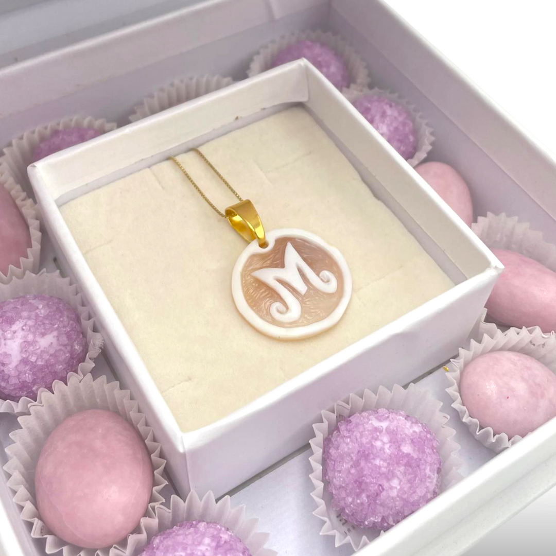 Wedding favor - communion favor - baptism favor - graduation favor initial pendant in cameo mounted on silver