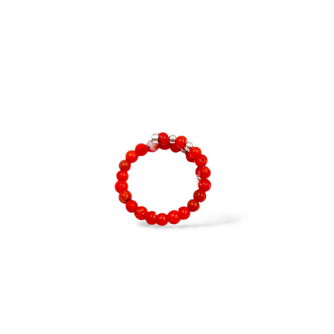 One-strand coral and silver ring