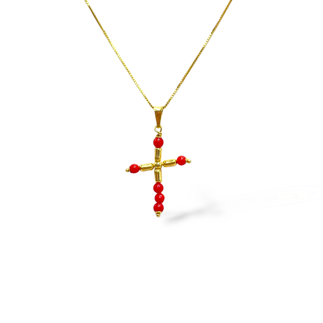 END OF COLLECTION - Coral cross pendant necklace mounted on silver
