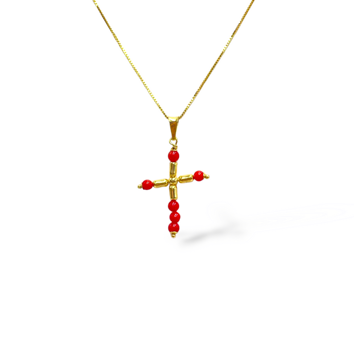 END OF COLLECTION - Coral cross pendant necklace mounted on silver