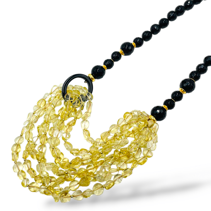 Multi-strand necklace in black agate and lemon quartz