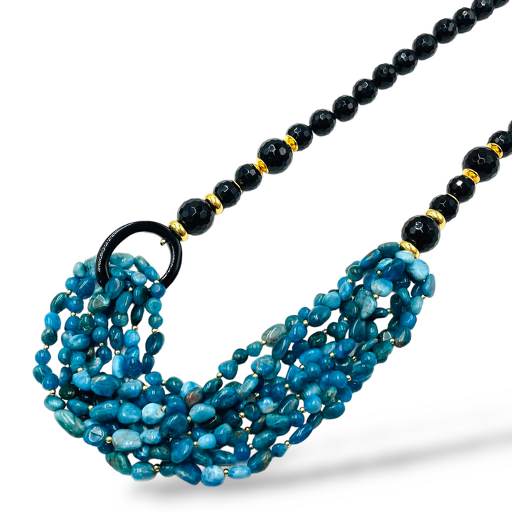 Multi-strand necklace in black agate and apatite