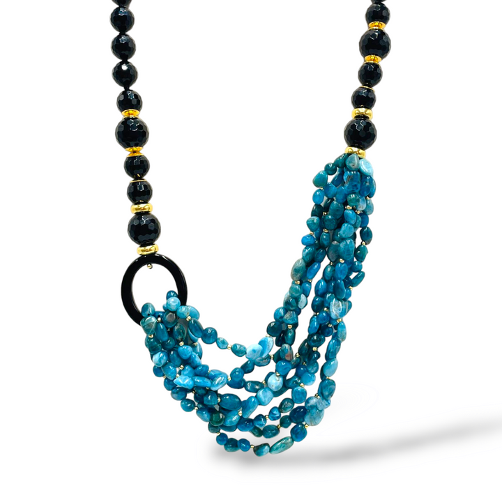 Multi-strand necklace in black agate and apatite