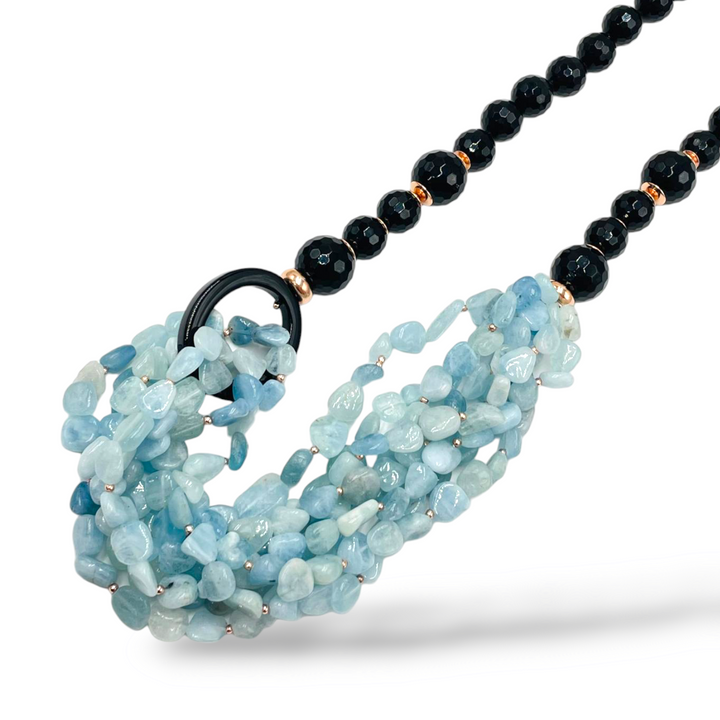 Collana multifilo in agata nera e acquamarina