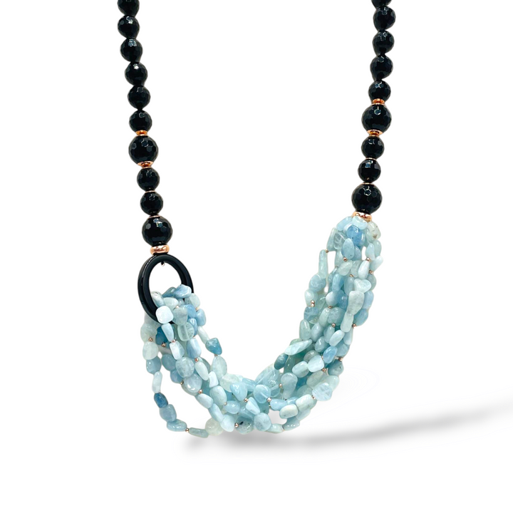 Collana multifilo in agata nera e acquamarina