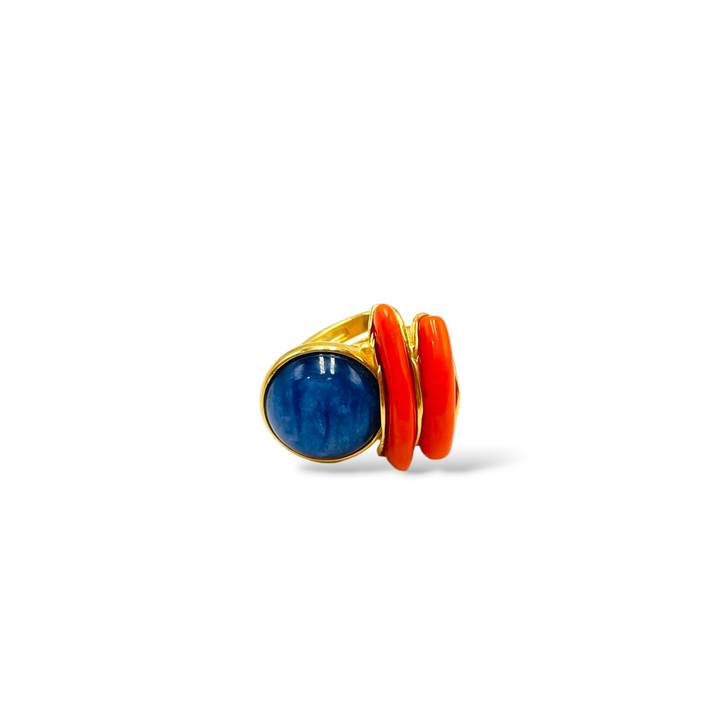 Decomposed ring in coral and kyanite mounted on silver