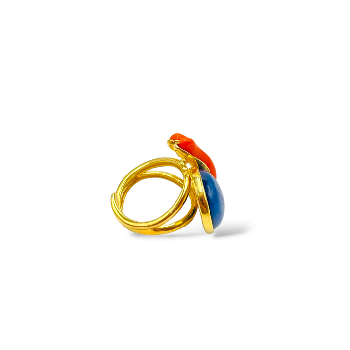 Decomposed ring in coral and kyanite mounted on silver