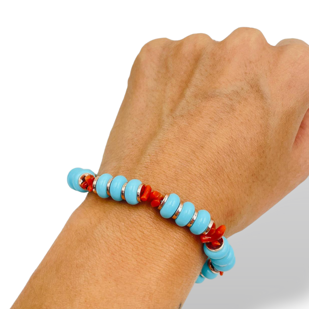 Turquoise and coral paste washer bracelet