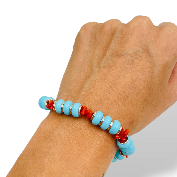 Turquoise and coral paste washer bracelet