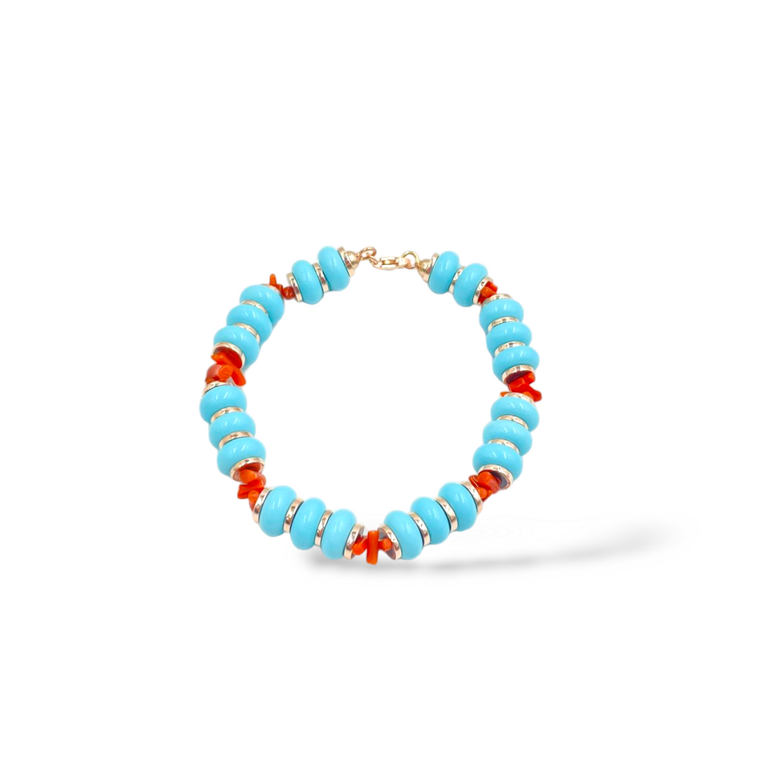 Turquoise and coral paste washer bracelet