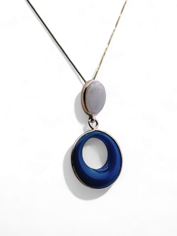 Kunzite and blue agate pendant mounted on silver