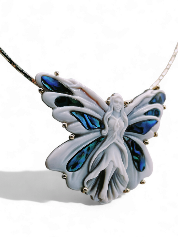 Butterfly Goddess Pendant Necklace in Sardonic Cameo Mounted on Silver