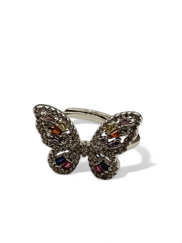 Anello farfalla in zirconi colorati montato su argento