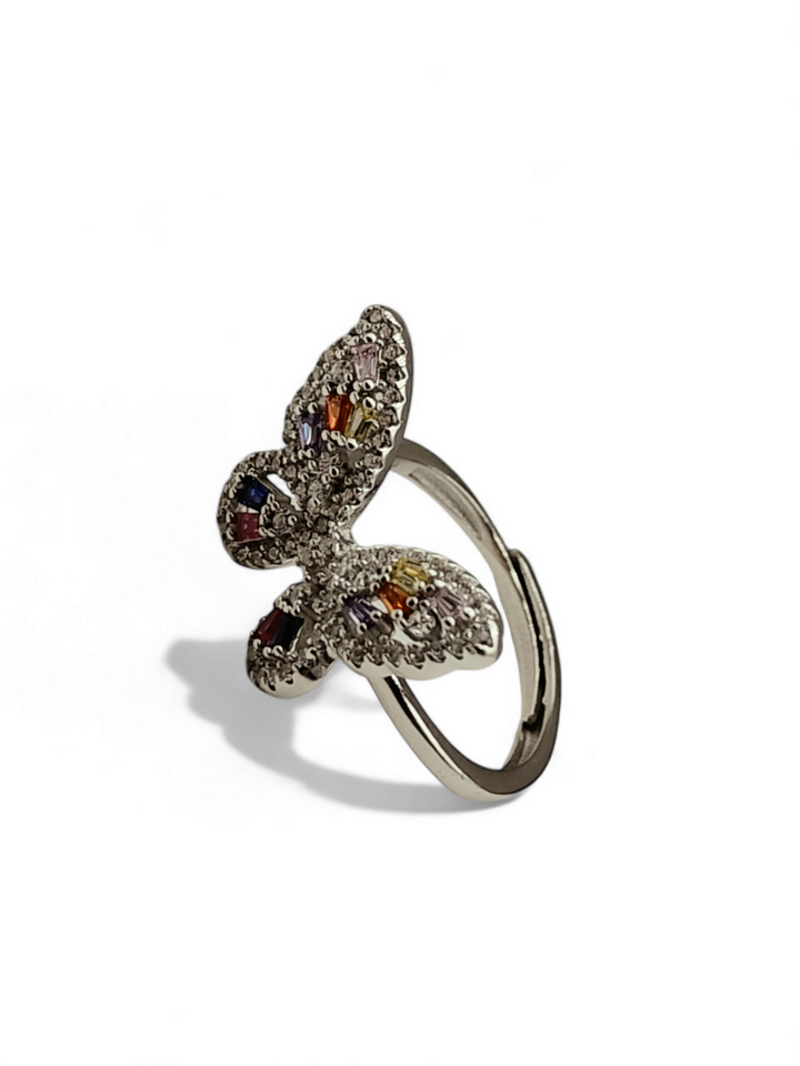 Anello farfalla in zirconi colorati montato su argento