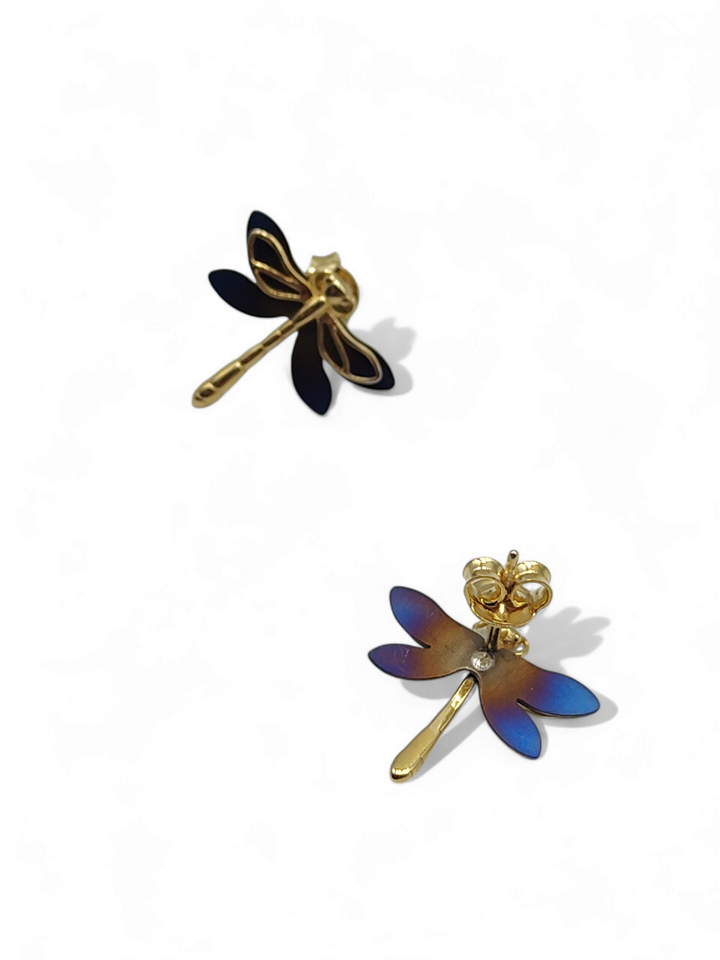 Titanium dragonfly earrings mounted on gold-plated silver