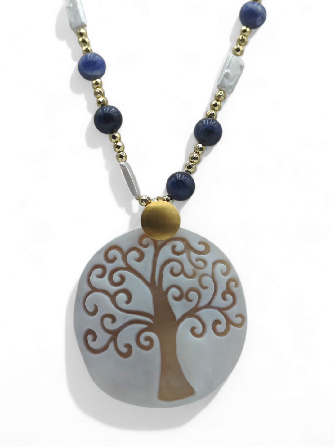 Collana ciondolo albero della vita in cammeo montato su argento