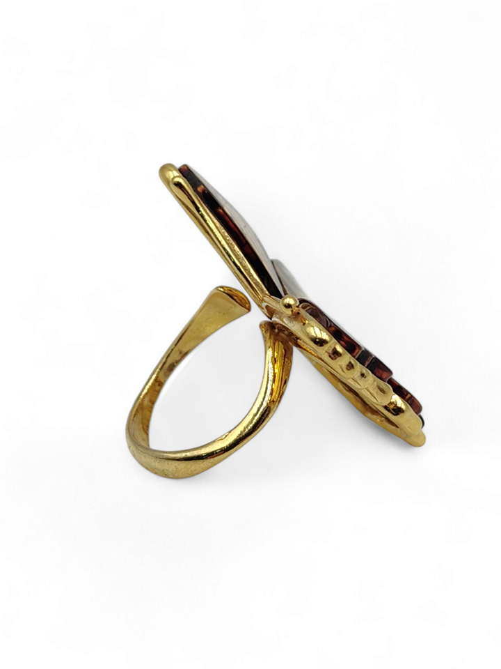 Anello farfalla in ambra montato su argento galvanica oro