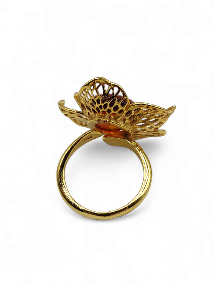 Amber flower ring mounted on gold-plated silver