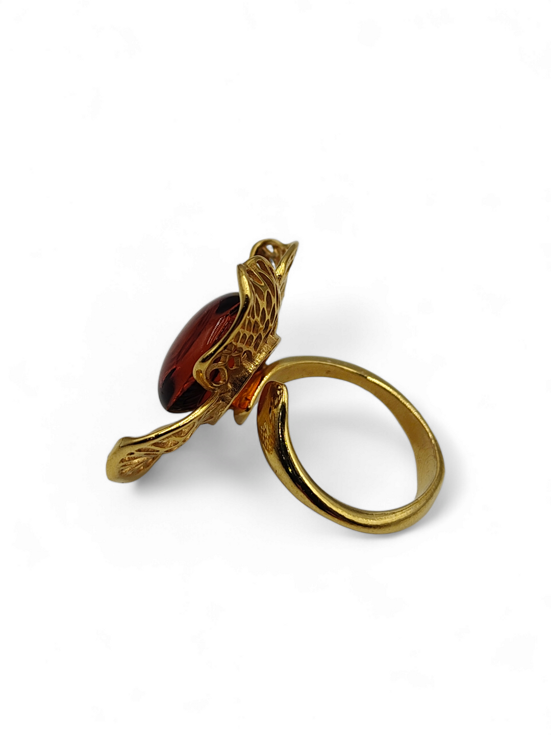 Amber flower ring mounted on gold-plated silver