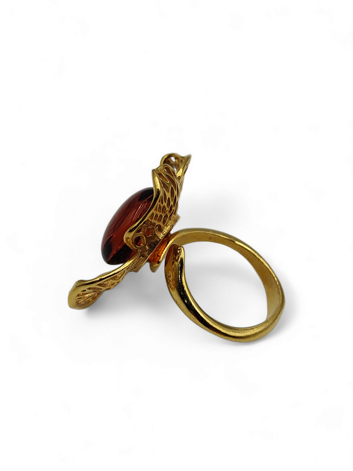 Amber flower ring mounted on gold-plated silver