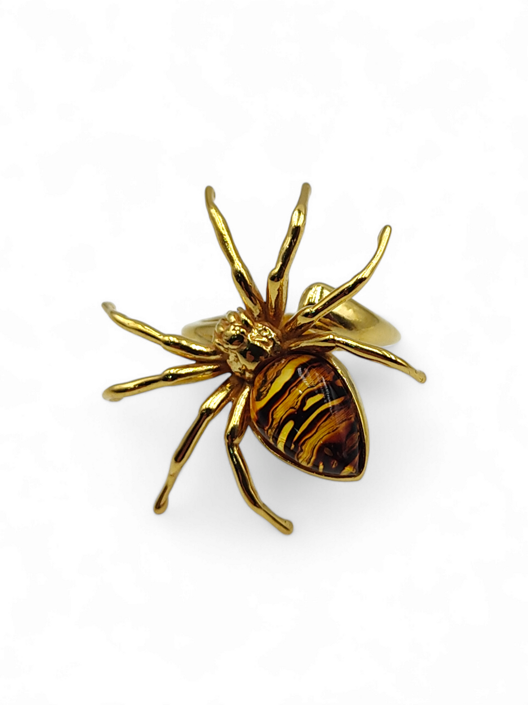 Amber spider ring mounted on gold-plated silver