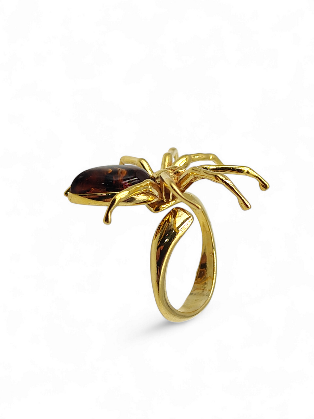Amber spider ring mounted on gold-plated silver