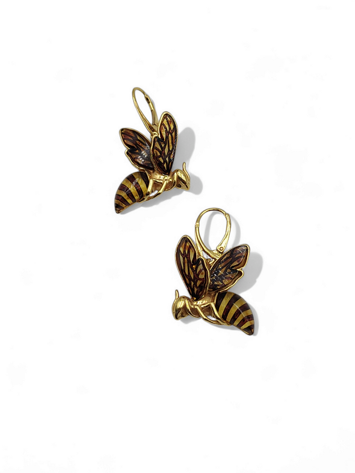 Amber bee earrings mounted on gold-plated silver