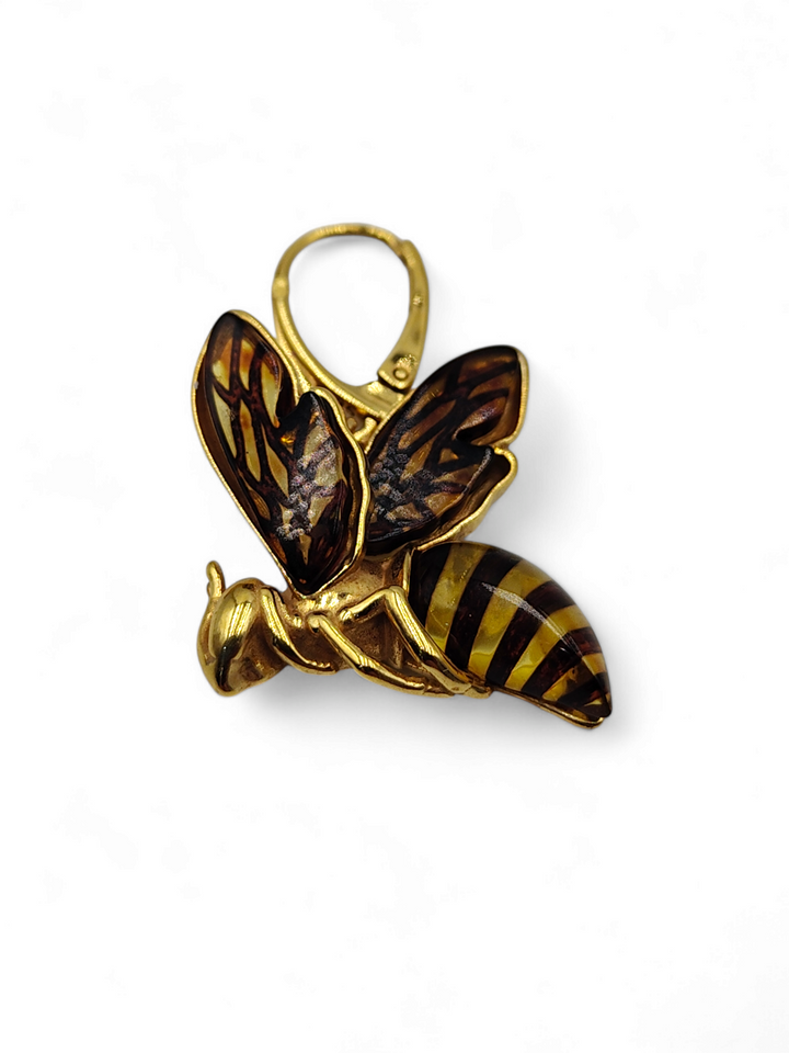 Amber bee earrings mounted on gold-plated silver