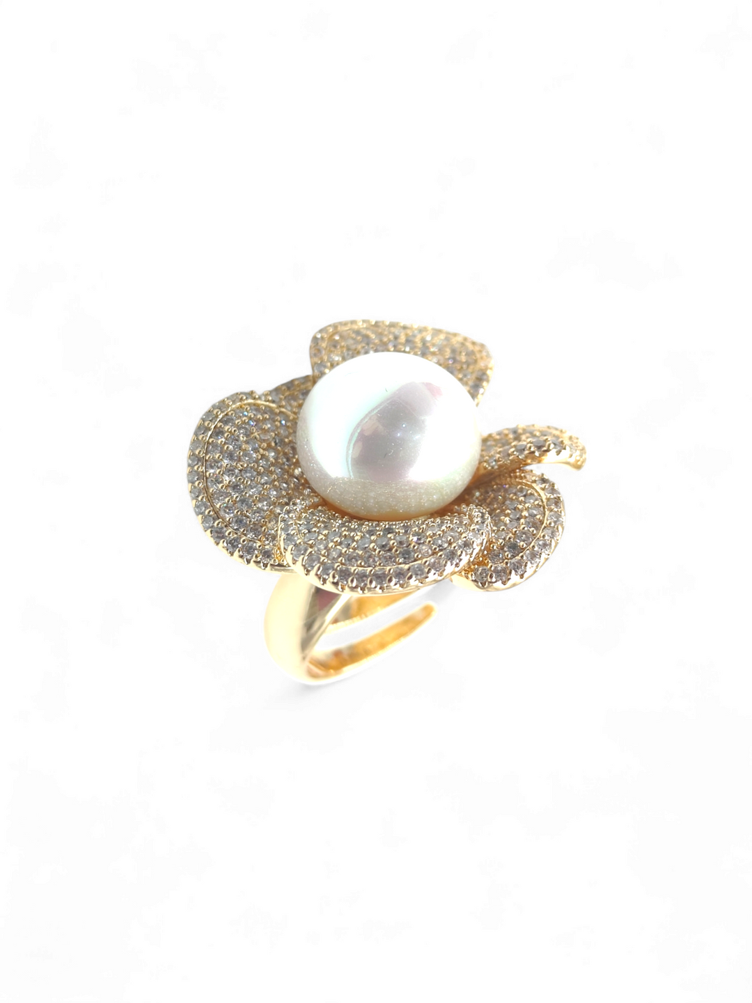 Anello fiore prezioso in perla e zirconi montato su bronzo