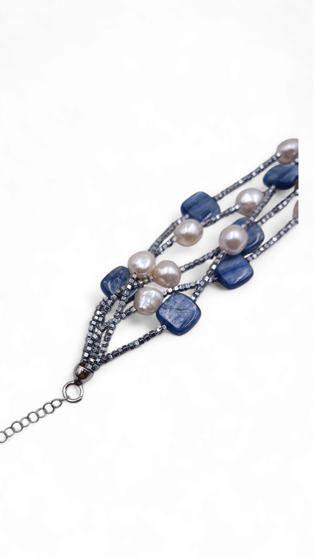 Kyanite and river pearl bracelet, hematite mounted on silver
