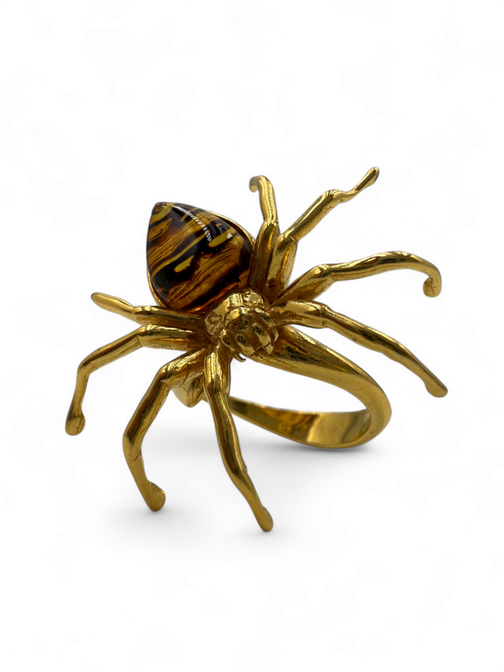 Amber spider ring mounted on gold-plated silver
