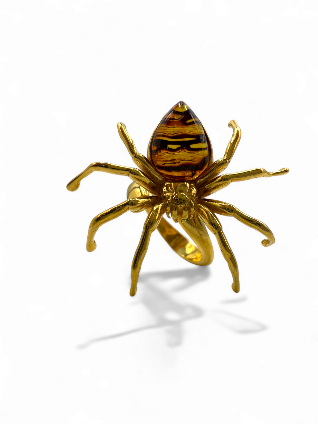 Anello ragno in ambra montato su argento galvanica oro