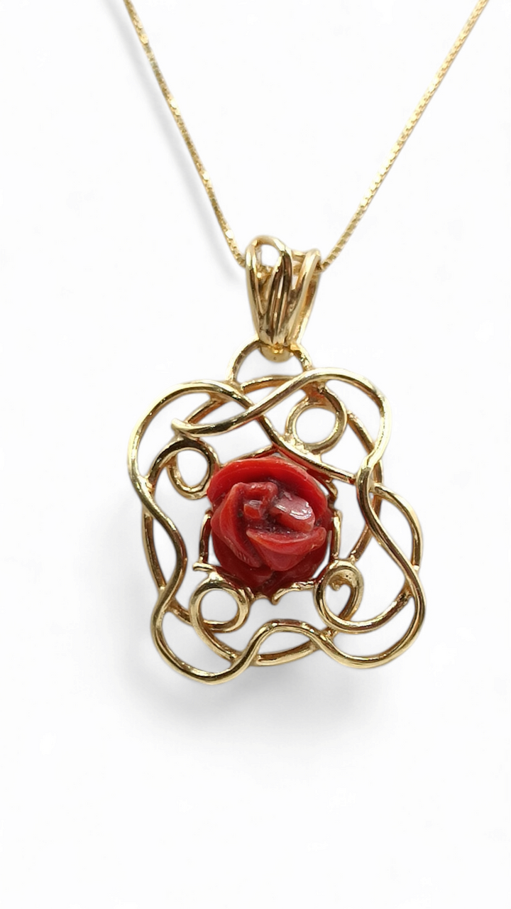 Real red coral flower necklace mounted on silver