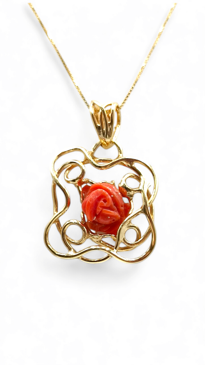 Real red coral flower necklace mounted on silver