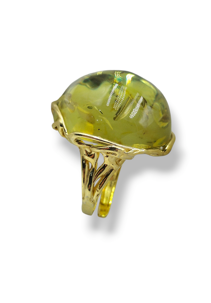 Green amber ring mounted on silver