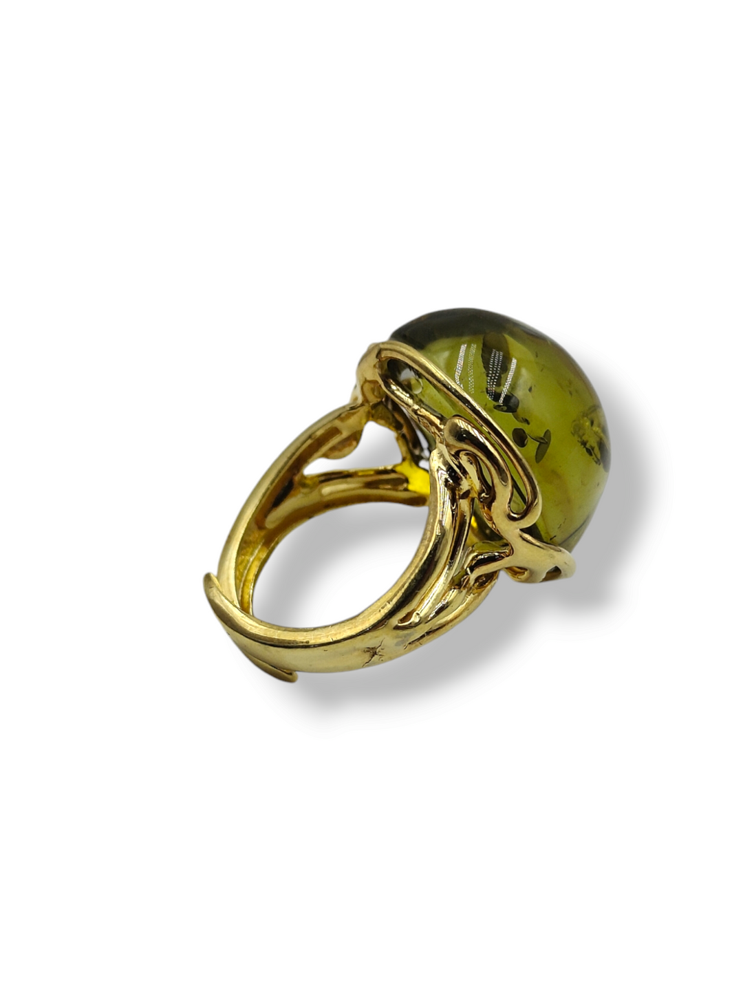 Green amber ring mounted on silver