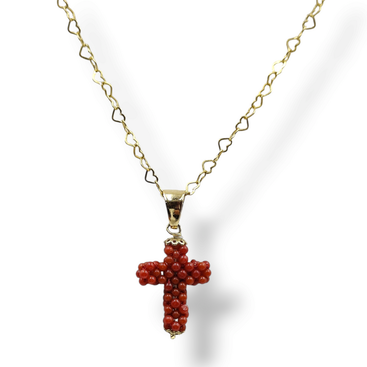 Collana croce di corallo in tessito montato su argento galvanica oro
