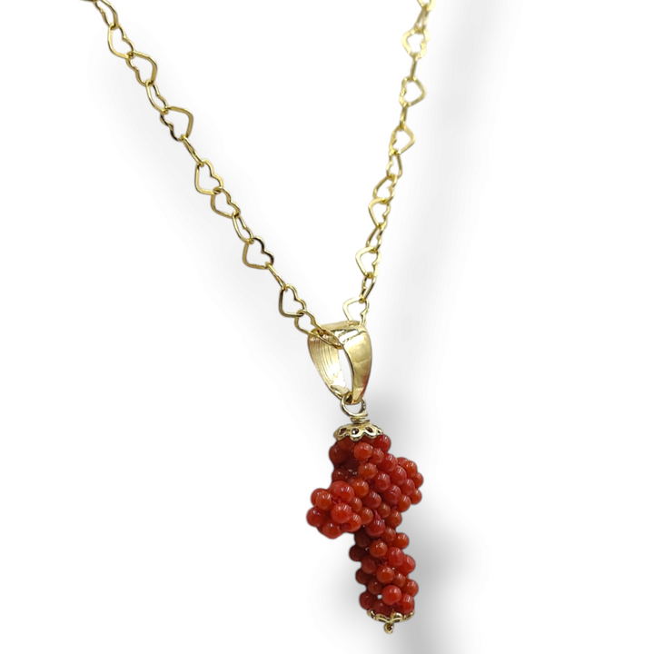 Collana croce di corallo in tessito montato su argento galvanica oro