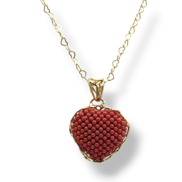 Collana cuore di corallo in tessito montato su argento galvanica oro