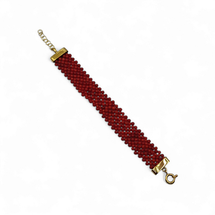 Real coral bracelet in fabric mounted on gold-plated silver