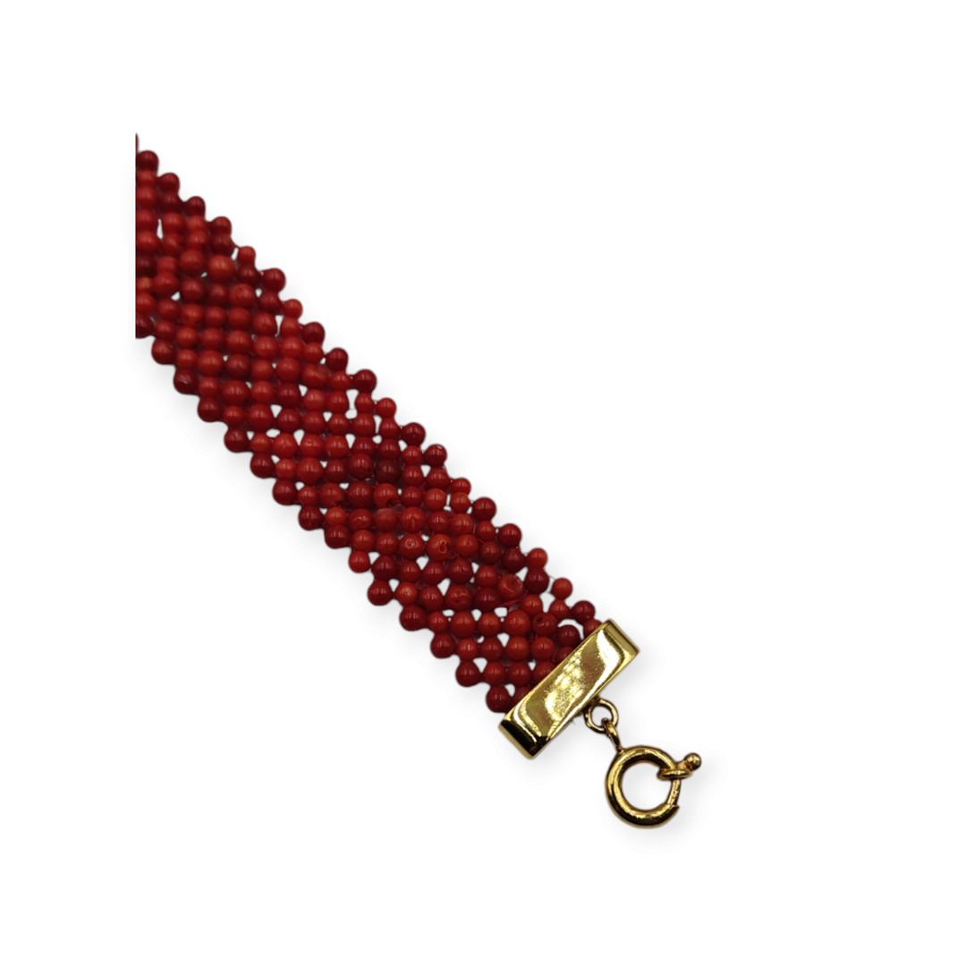 Real coral bracelet in fabric mounted on gold-plated silver