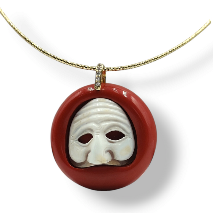 Collana ciondolo maschera napoletana in cammeo montato su agata e argento