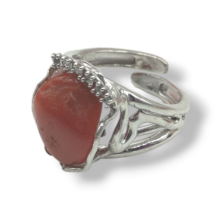 Red coral ring mounted on silver