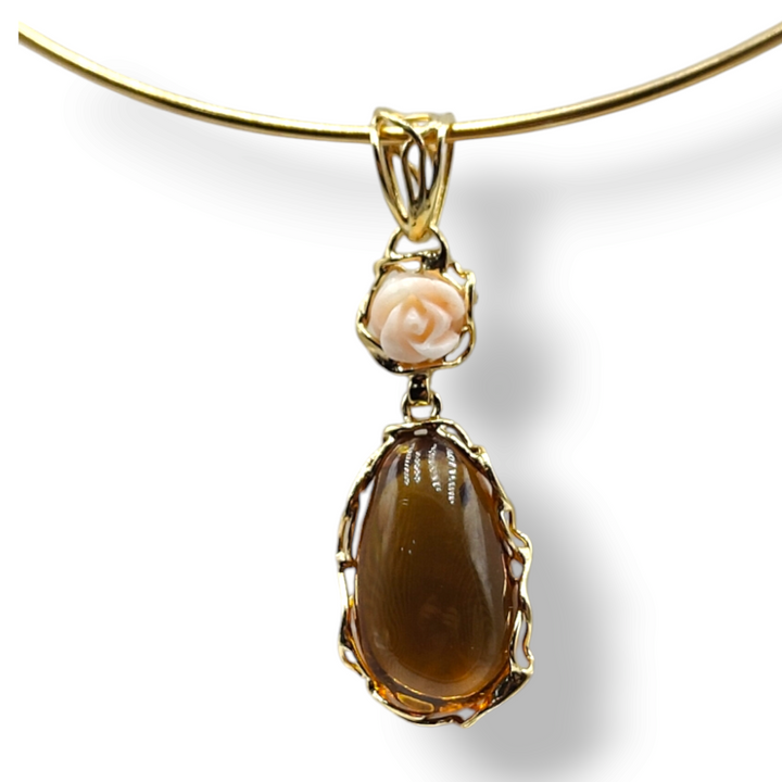 Collana ciondolo "rosa corallo e ambra" montato su argento