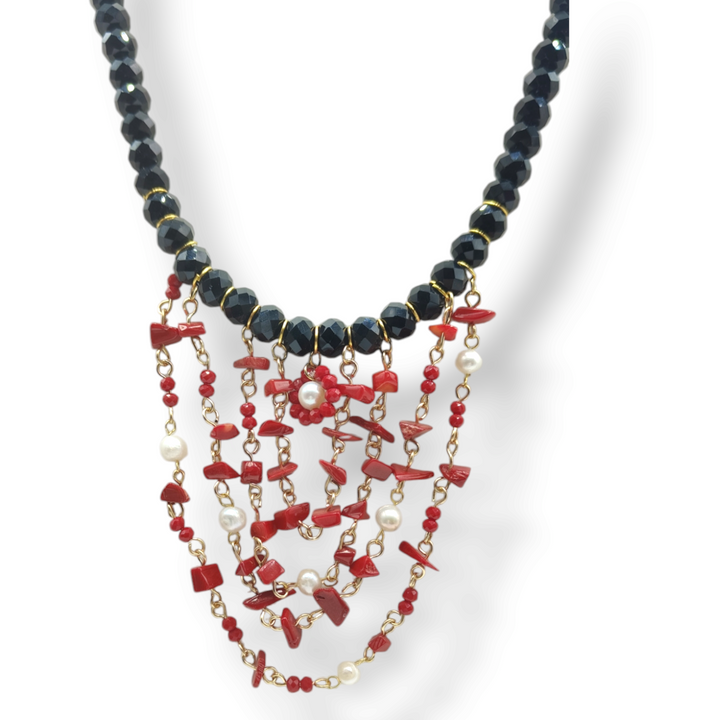 END OF COLLECTION - Coral paste and black agate necklace