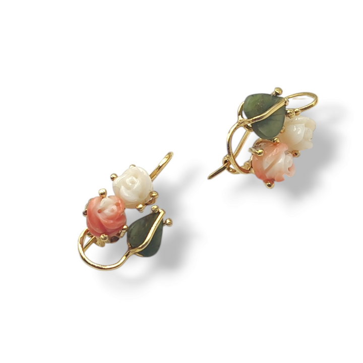 Red and pink coral rose earrings with jade leaves mounted on silver