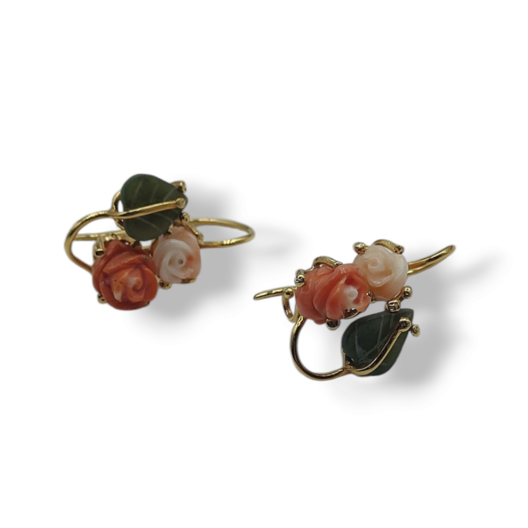 Red and pink coral rose earrings with jade leaves mounted on silver
